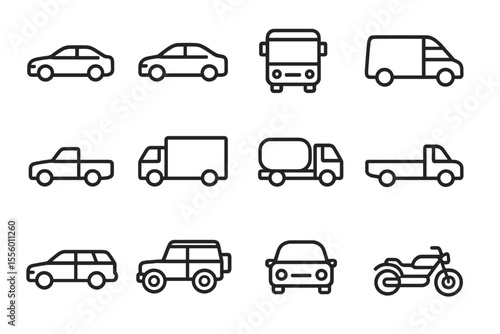 Different types of vehicles illustrated in a minimalist design featuring cars, trucks, and motorcycles
