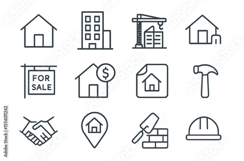 Icons representing real estate, construction, and home purchasing concepts in a modern design