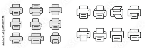 Collection of various printer icons representing different models and functions in a simple design