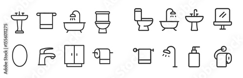 Collection of minimalist bathroom icons depicting essential fixtures and accessories for modern design