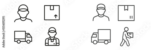 Delivery workers and packages represented in simple line art illustrating logistics and transportation activities