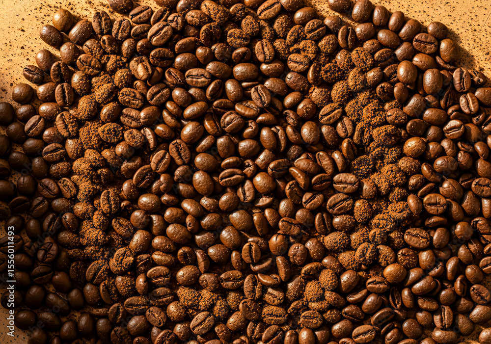 Fototapeta premium Close-Up Flatlay of Roasted Coffee Beans and Powder Texture