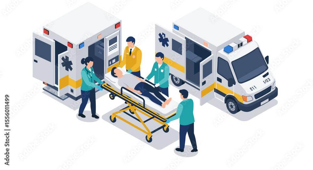 Fototapeta premium Emergency medical response: paramedics assisting patient, ambulance scene vector illustration, isometric style for healthcare design