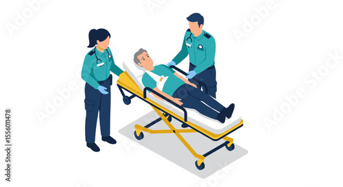 Emergency medical response vector illustration: paramedics assisting patient in isometric flat style for healthcare poster design