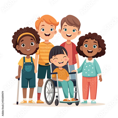 Children's Unity: Illustrative depiction of unity with diverse kids from various backgrounds and abilities standing together. It showcases the essence of compassion, inclusivity.
