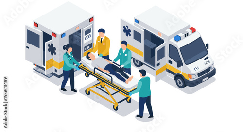 Emergency medical response: paramedics assisting patient, ambulance scene vector illustration, isometric style for healthcare design