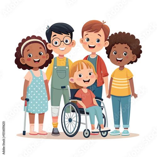 Diversity in Unity: A heartwarming illustration portrays a group of children, each unique in appearance, disability, and cultural background, standing together, fostering a message of togetherness.