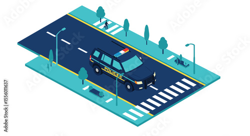 Police car on city street vector illustration in 3d isometric style for urban design