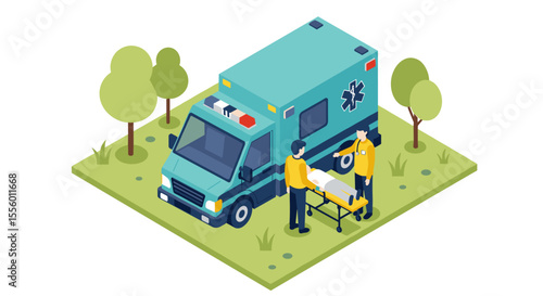 Isometric vector illustration of paramedics assisting patient next to ambulance for emergency services design