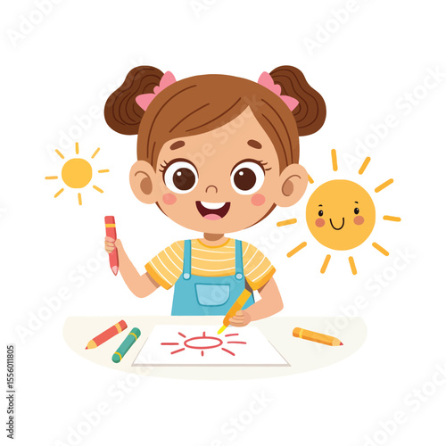 Little Artist at Work: A delightful young girl, absorbed in her creative endeavors, colors with vibrant pencils, creating a sunny masterpiece on paper with a joyful expression and the radiant sun.