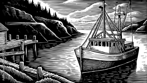Docked fishing boat in a quiet northern harbor, a black and white sketch vector hand drawn