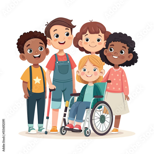 Inclusive Unity: A heartwarming illustration of diverse children of all abilities, coming together in a colorful celebration of unity, showing friendship and acceptance.
