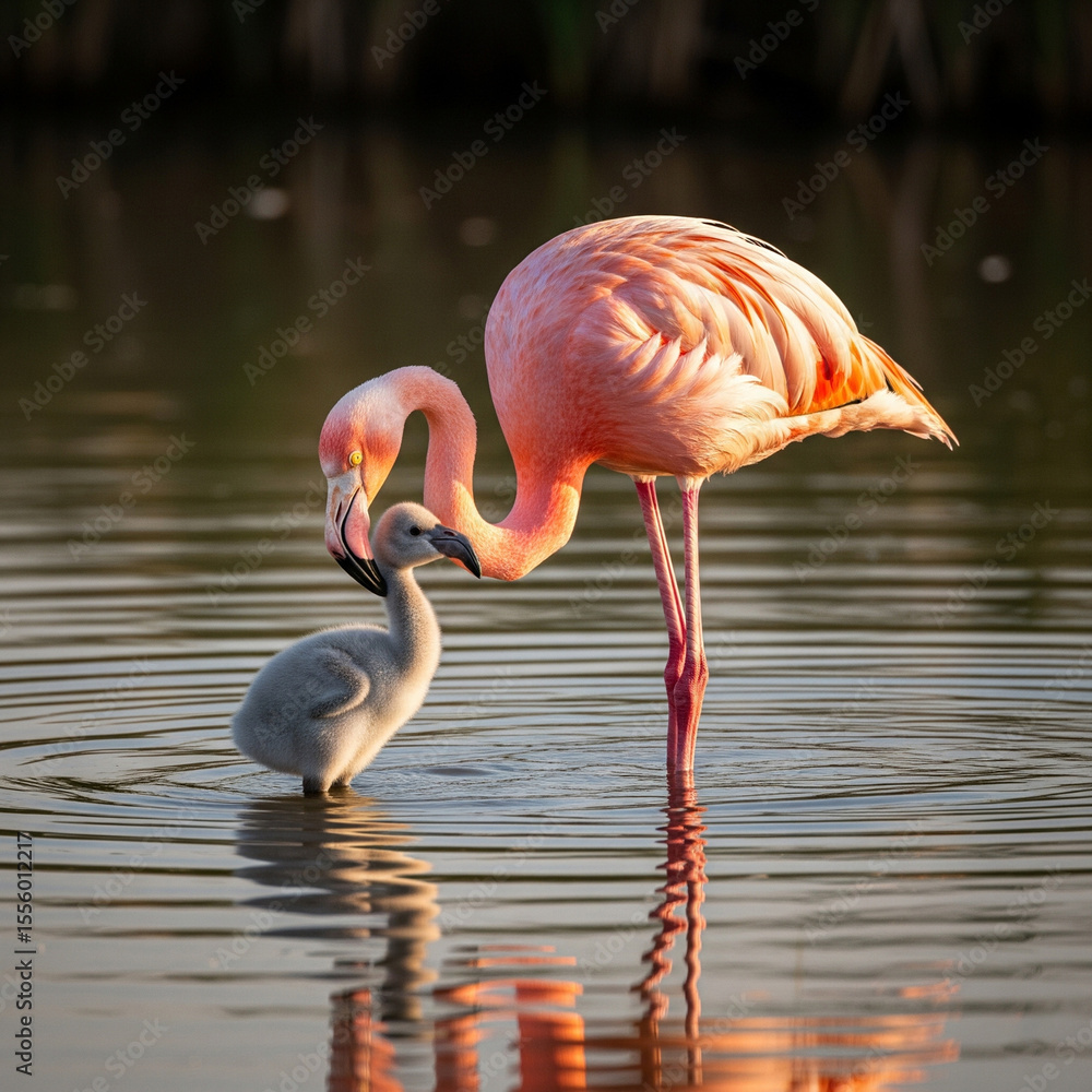 Fototapeta premium Flamingo and Chick Bonding in Water at Sunset – Heartwarming Wildlife Moment in Nature Reserve