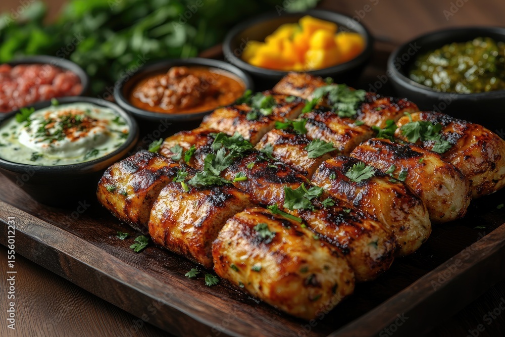 Grilled chicken skewers with dipping sauces Grilled chicken skewers with dipping sauces