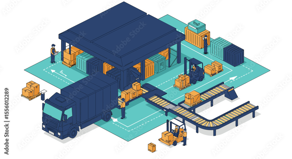 Warehouse logistics vector illustration: efficient shipping and delivery process in isometric flat design Warehouse logistics vector illustration: efficient shipping and delivery process in isometric flat design