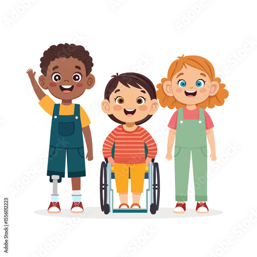 Friendship and Inclusion: Three cheerful children, each with unique abilities, stand together, celebrating diversity and unity, promoting a message of acceptance and belonging.