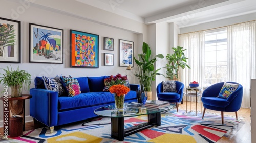 maximalist living room, cobalt blue sofa, memphis style carpet, colorful artwork, bright prints, playful light zones