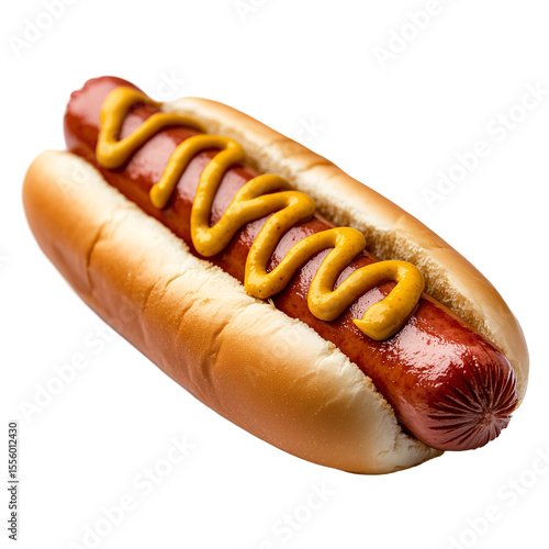 Top view of a classic long hot dog in a bun with yellow mustard drizzled on top isolated on a transparent background	