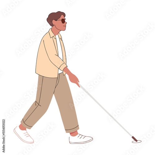 Guided Independence: A visually impaired person navigates with confidence, walking confidently with a white cane, embodying resilience and autonomy in daily life. 
