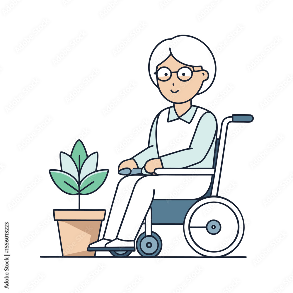 Elderly Woman in Wheelchair with Plant: A comforting illustration depicting an senior woman in a wheelchair, accompanied by a thriving plant, radiates care and connection. Elderly Woman in Wheelchair with Plant: A comforting illustration depicting an senior woman in a wheelchair, accompanied by a thriving plant, radiates care and connection.