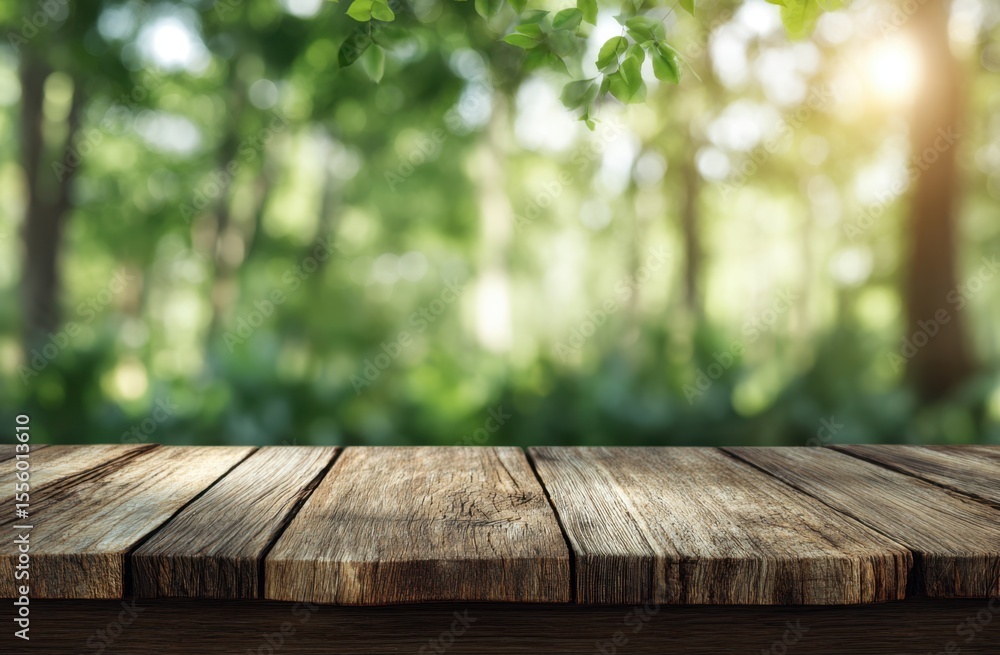 Rustic Wooden Tabletop Overlays Serene Blurred Green Forest Background Rustic Wooden Tabletop Overlays Serene Blurred Green Forest Background