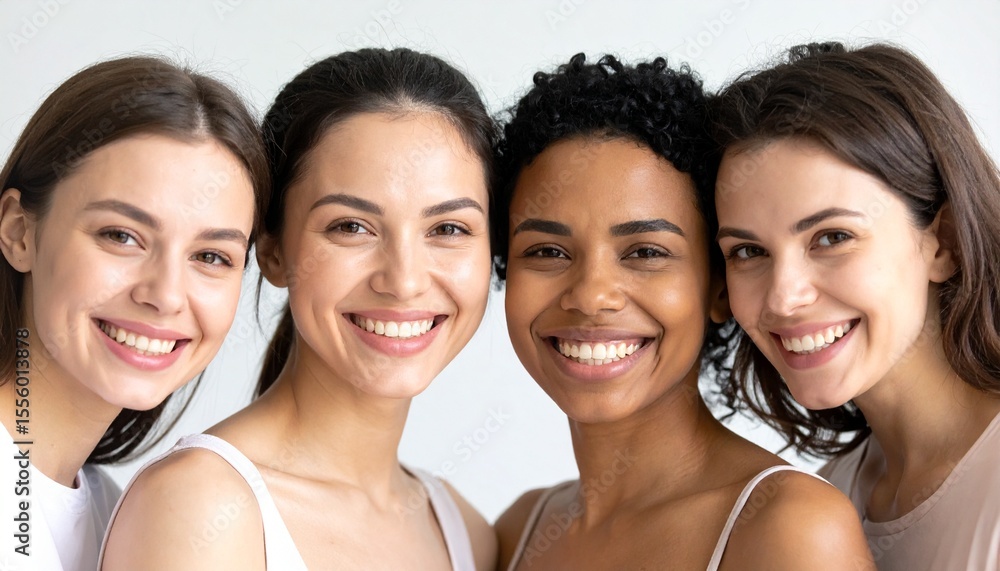Fototapeta premium Female friends standing close and smiling in front of bright white background representing strong emotional bond