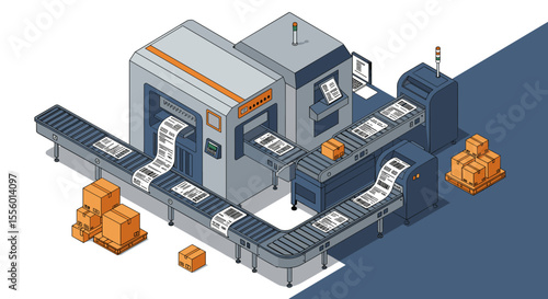 Industrial printing process vector illustration: modern factory automation design for manufacturing