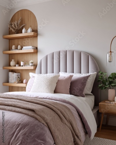 scandi american eclectic bedroom full view, tall headboard in lavender grey, velvet bed throw, oak shelf wall, arched lamp