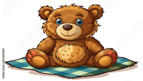 A fluffy brown teddy bear with stitched button eyes sits gently on a checkered quilt. Its rounded arms are slightly open, as if waiting for a hug. Light from a nearby window falls on its plush surface