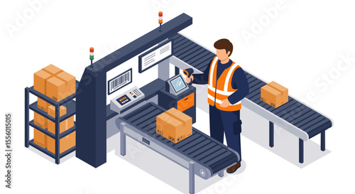 Isometric vector illustration of warehouse automation: package scanning for logistics and shipping design