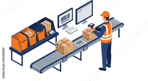 Isometric vector illustration of warehouse automation and packaging process for logistics poster design