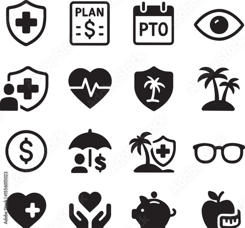 Employee benefits icon set. Contains such icons as health insurance, retirement plan, paid time off, dental coverage, vision benefits, life insurance, wellness programs 