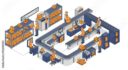 Isometric warehouse workflow vector illustration: package logistics for print design