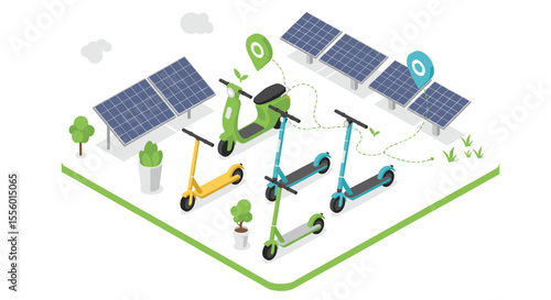Sustainable urban transport vector illustration: electric scooters and solar panels for eco-friendly commute in isometric style