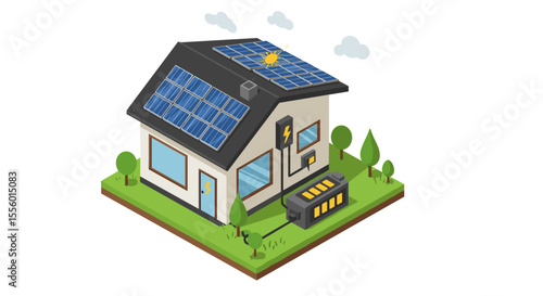 Eco-friendly home energy system vector illustration: solar powered house design in isometric style for poster or print