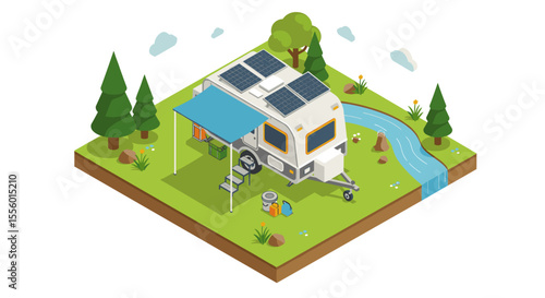 Isometric vector illustration of camping caravan in nature scene for travel design