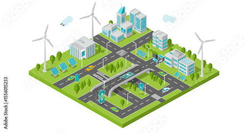 Smart city infrastructure vector illustration: sustainable urban design for future development in isometric style