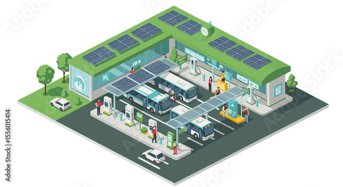 Eco-friendly gas station vector illustration in isometric style for sustainable energy concept design
