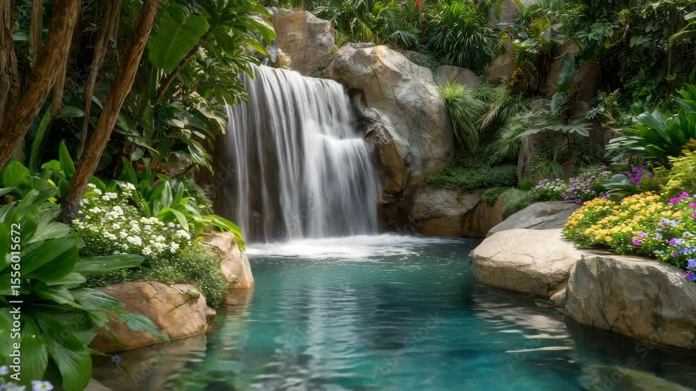 A stunning waterfall cascades over rocks into a serene pool surrounded by lush greenery and colorful flowers, creating a peaceful oasis in nature A stunning waterfall cascades over rocks into a serene pool surrounded by lush greenery and colorful flowers, creating a peaceful oasis in nature