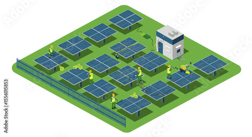 Solar farm maintenance vector illustration: renewable energy concept in isometric style