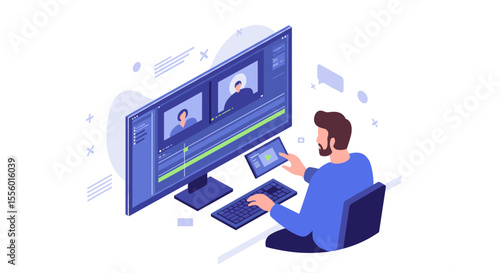 Video editing process vector illustration: design for digital media and technology concepts, isometric style