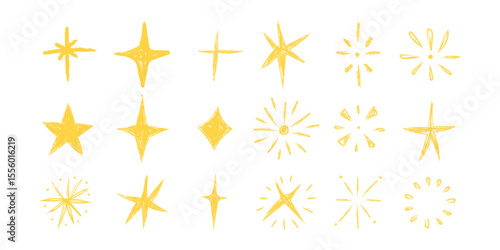 Crayon grunge star, sparkle shine light doodle crayon, pencil texture vector set silhouette in different shapes