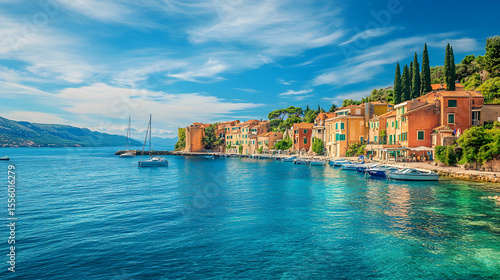 Picturesque harbor town on the Adriatic coast. Colorful buildings and boats on crystal clear water.