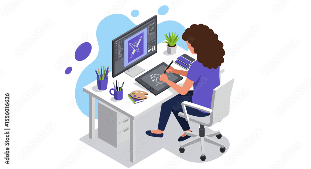 Creative workflow: digital artist in home studio - vector illustration for design projects in flat style Creative workflow: digital artist in home studio - vector illustration for design projects in flat style