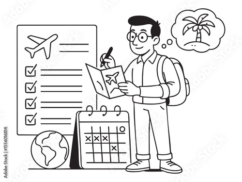 Black and white outline illustration of man planning vacation with checklist, calendar, globe, and palm tree. concept of travel, vacation planning, wanderlust, trip organizer, adventure.