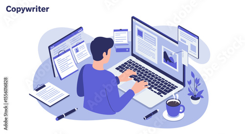 Freelance copywriter workspace vector illustration in modern flat style for office design