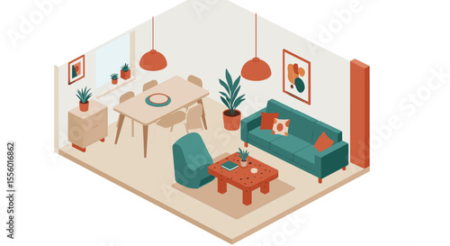 Cozy modern isometric vector illustration of a living room interior for design and decor inspiration