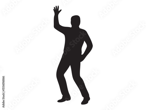 Black silhouette of man waving hand in a dancing pose, isolated on white background, graphic illustration. concept of greeting, human gesture, communication, design element