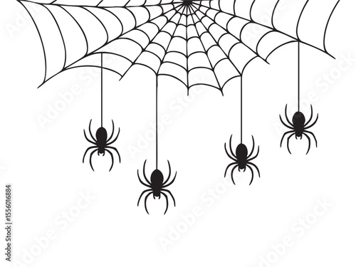 Black silhouettes of hanging spiders with web illustration, isolated on white background. concept of halloween, spooky insects, arachnid design, icon, logo, decoration element