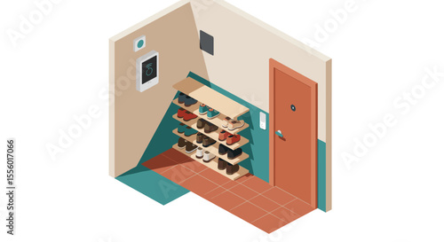 Isometric vector illustration of modern shoe rack in stylish entryway design for interior decor